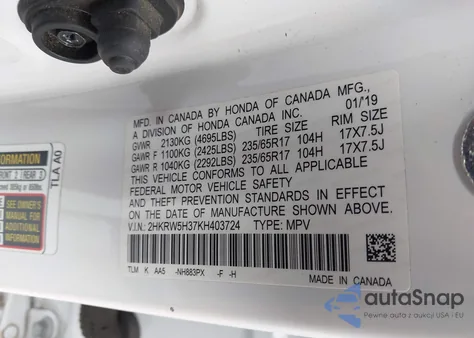 2019 Honda Cr-V Lx z USA, uszkodzony, nr VIN 2HKRW5H37KH403724